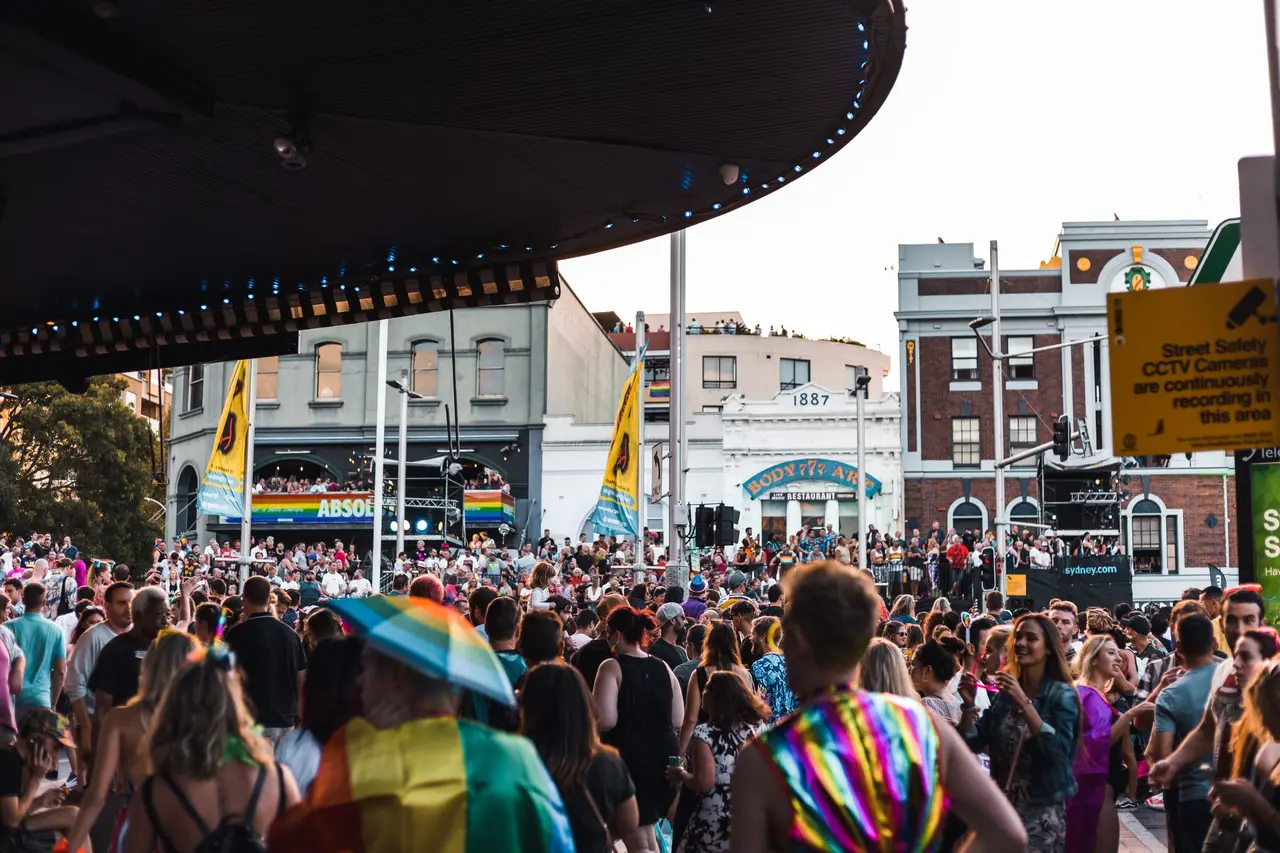 Crowds lining Oxford Street in Sydney for the Pride parade.