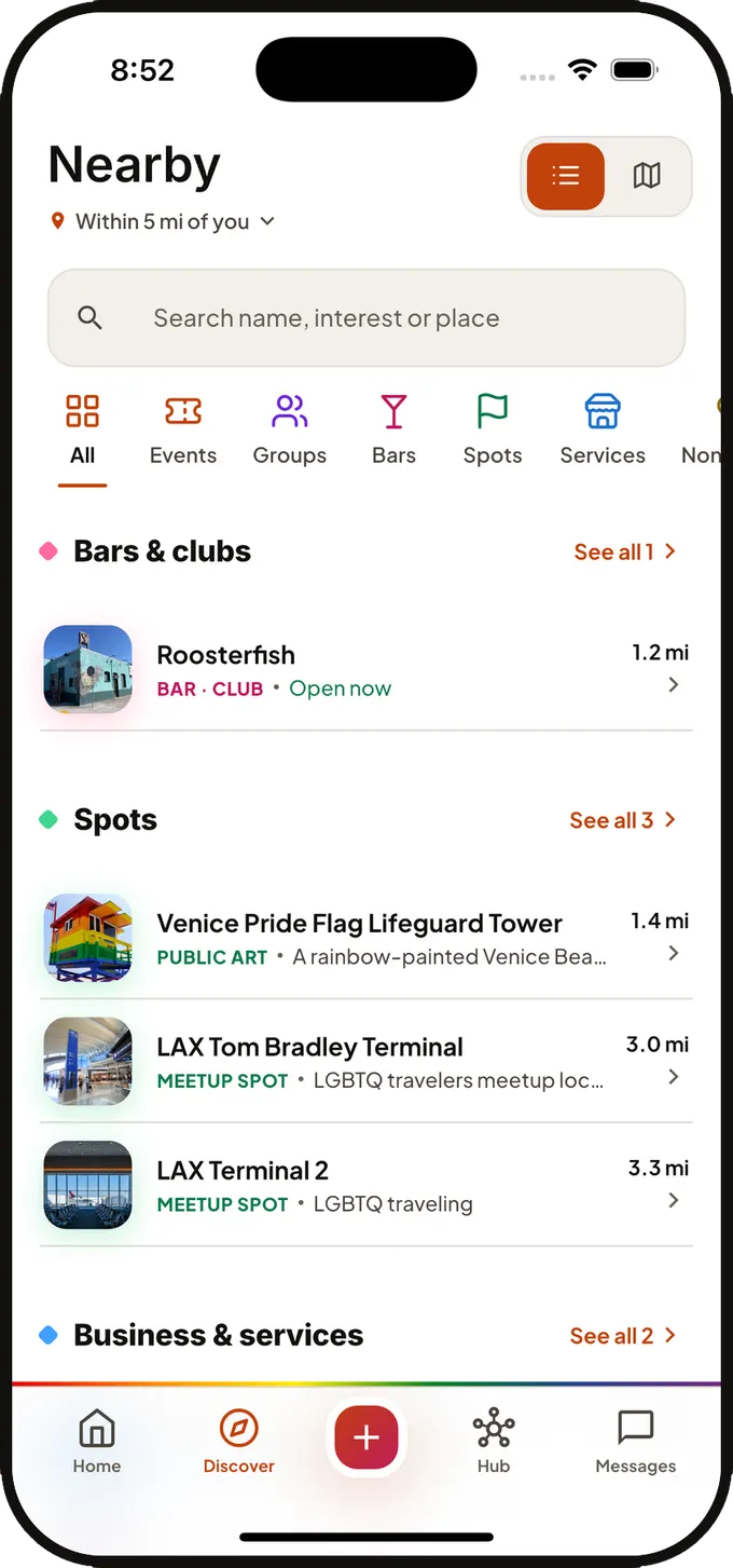 The Nearby list in Qlub, with tabs for each kind of place and shelves of bars and community spots within 5 miles.