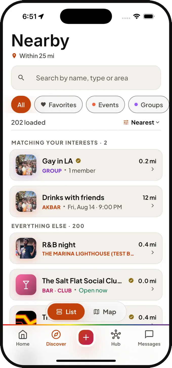 The Nearby list in Qlub, showing groups and events within 25 miles with filter chips for Favorites, Events and Groups.