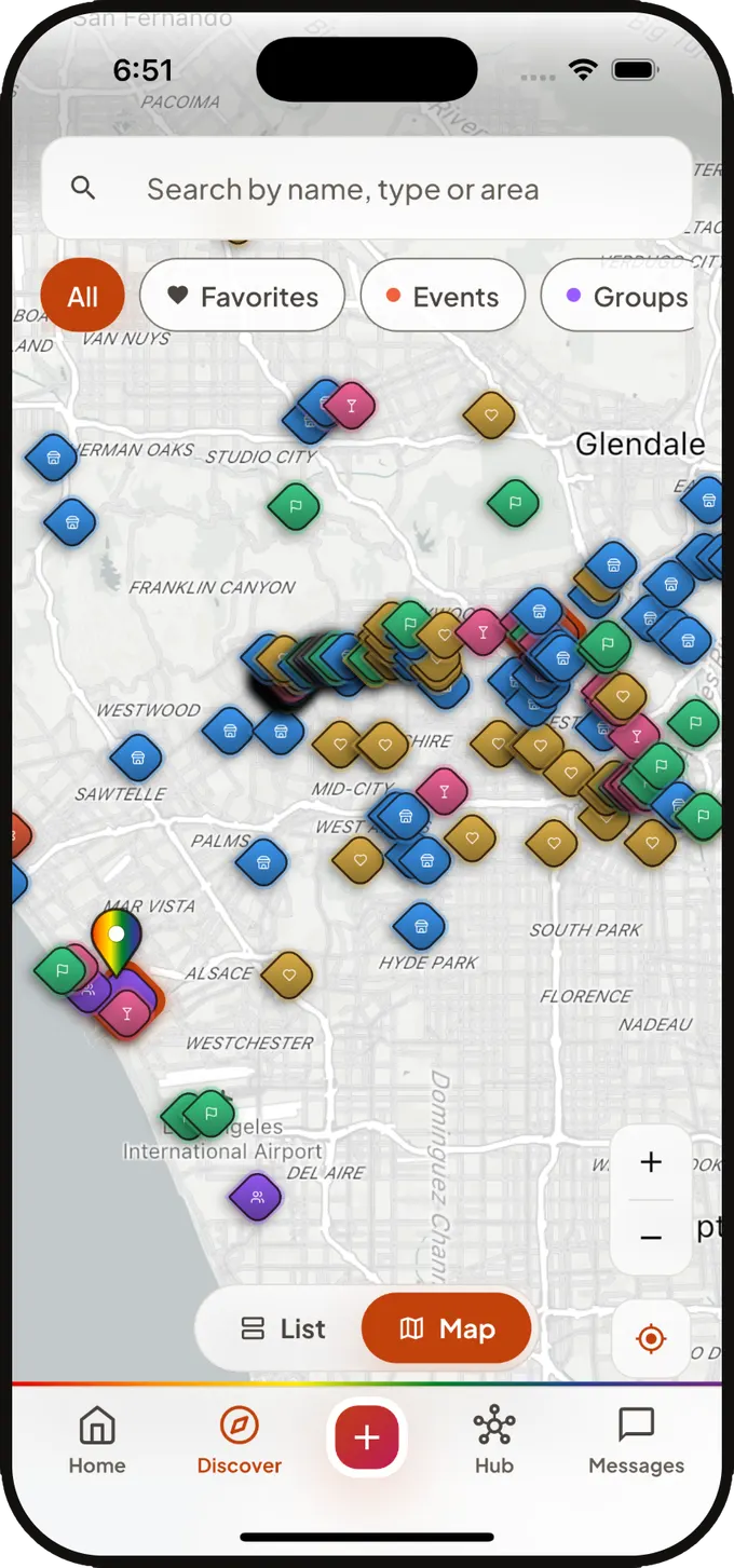 A map of Los Angeles covered in colour-coded Qlub pins for bars, events, groups and community spots.