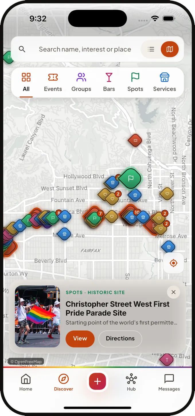 A map of Los Angeles covered in colour-coded Qlub pins for bars, events, groups and community spots.