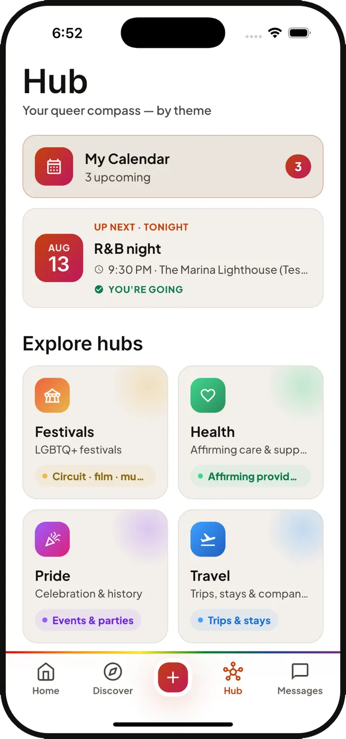 The Qlub Hub, with My Calendar at the top and tiles for Festivals, Health, Pride and Travel.