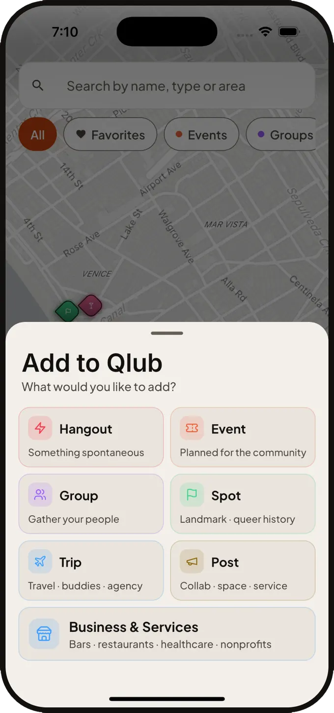 The Add to Qlub sheet, offering Hangout, Event, Group, Spot, Trip, Post, and Business & Services.
