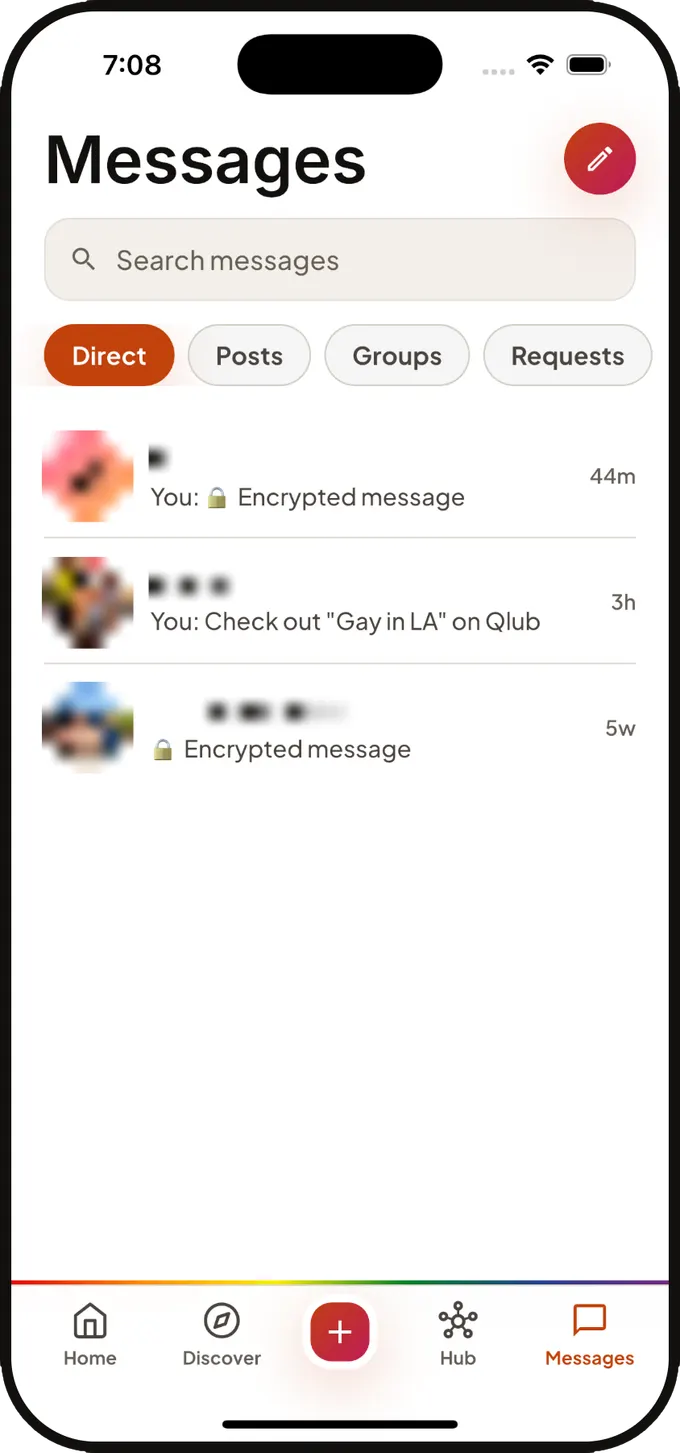 The Messages tab with Direct, Posts, Groups and Requests filters, showing encrypted conversations.
