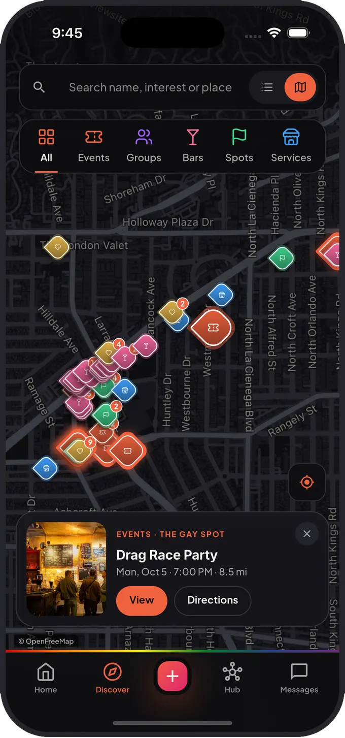 The Qlub map in dark mode, pins glowing over a near-black city.