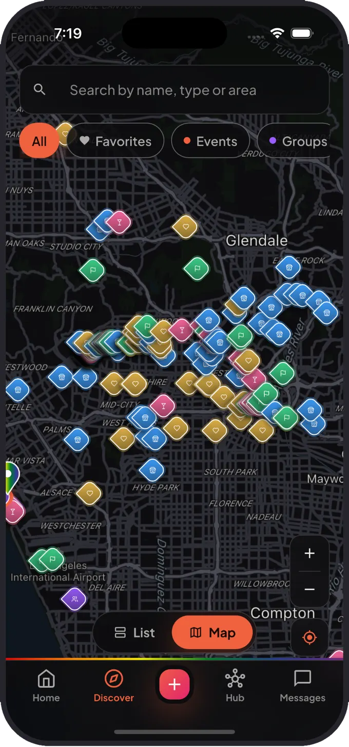 The Qlub map in dark mode, pins glowing over a near-black city.