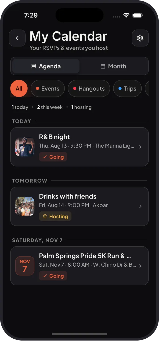 My Calendar in agenda view, showing events marked Going and Hosting across the coming weeks.