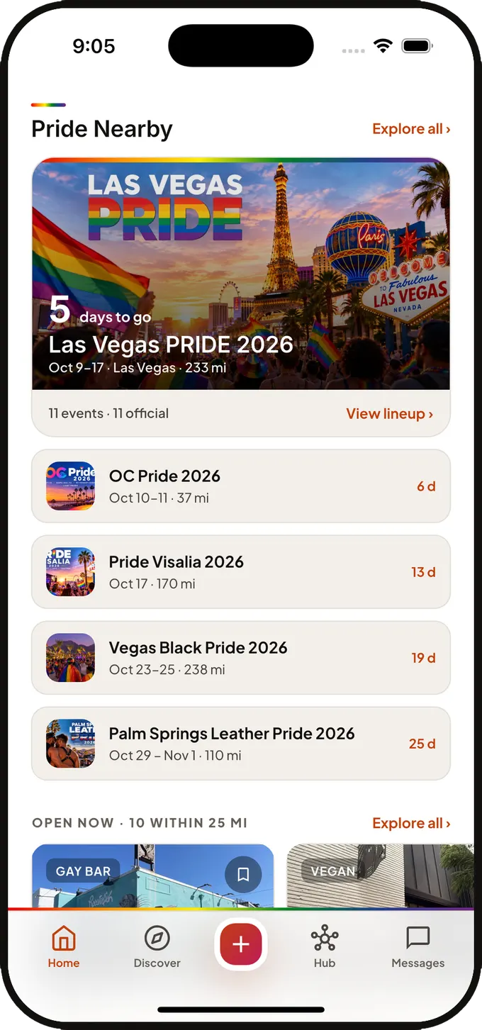 Pride Nearby in Qlub: Las Vegas Pride five days away with its official lineup, followed by OC Pride, Pride Visalia, Vegas Black Pride and Palm Springs Leather Pride.